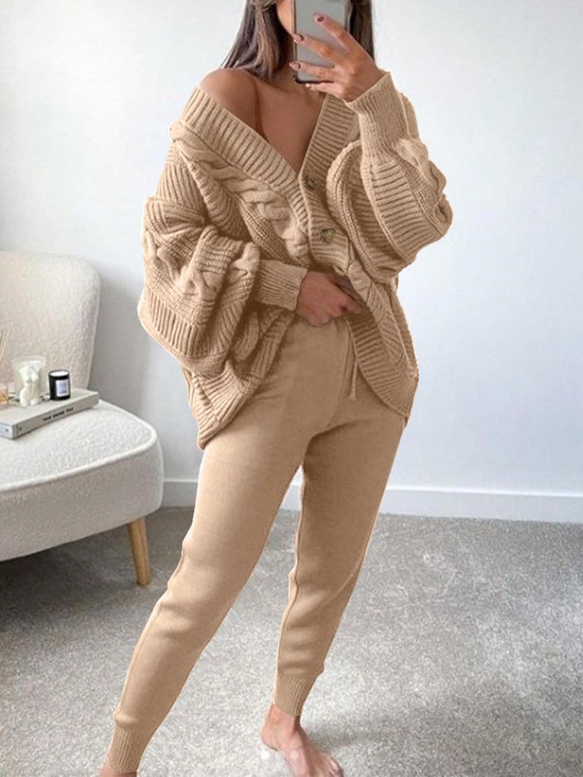 Women's Chunky Knit Button Down Sweater Tops and High Waisted Sweatpants Set (Factory Price)