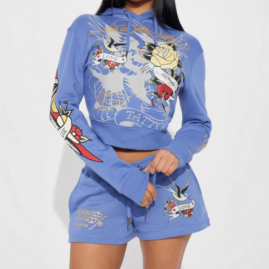 Women Long Sleeve Printe Hoodie Short Set (Factory Price)