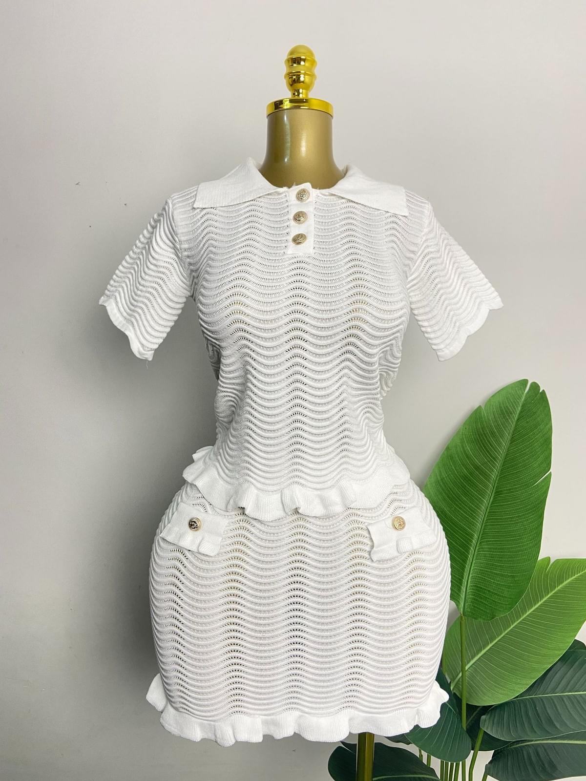 Women Summer Knitted Solid Color Button Two Pieces Set (Factory Price)