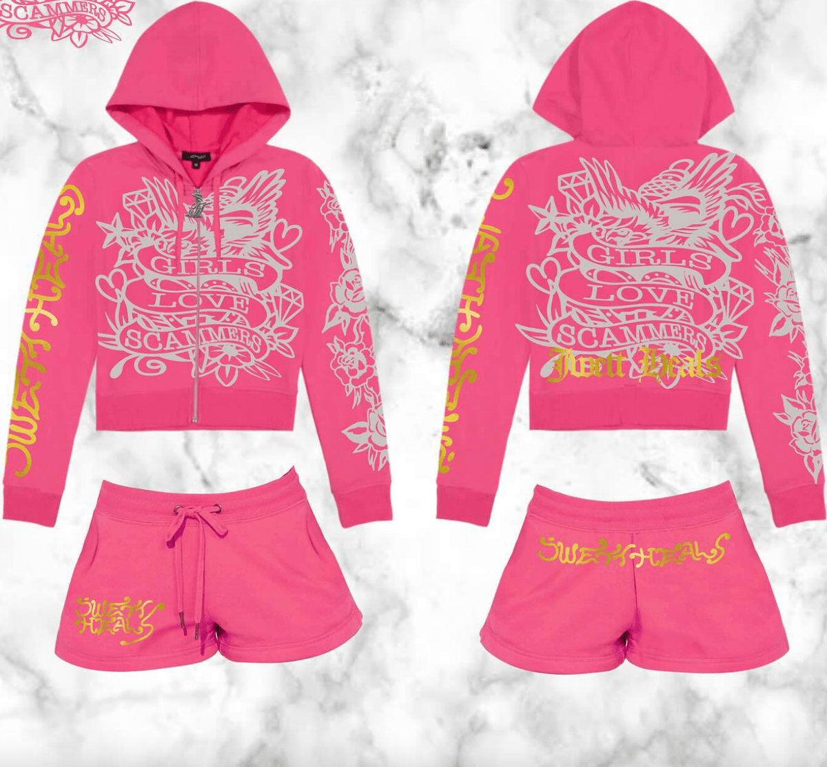 Women Printed Pink Hoodie Short Set (Factory Price)
