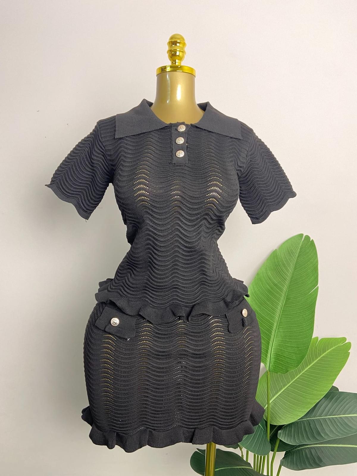 Women Summer Knitted Solid Color Button Two Pieces Set (Factory Price)