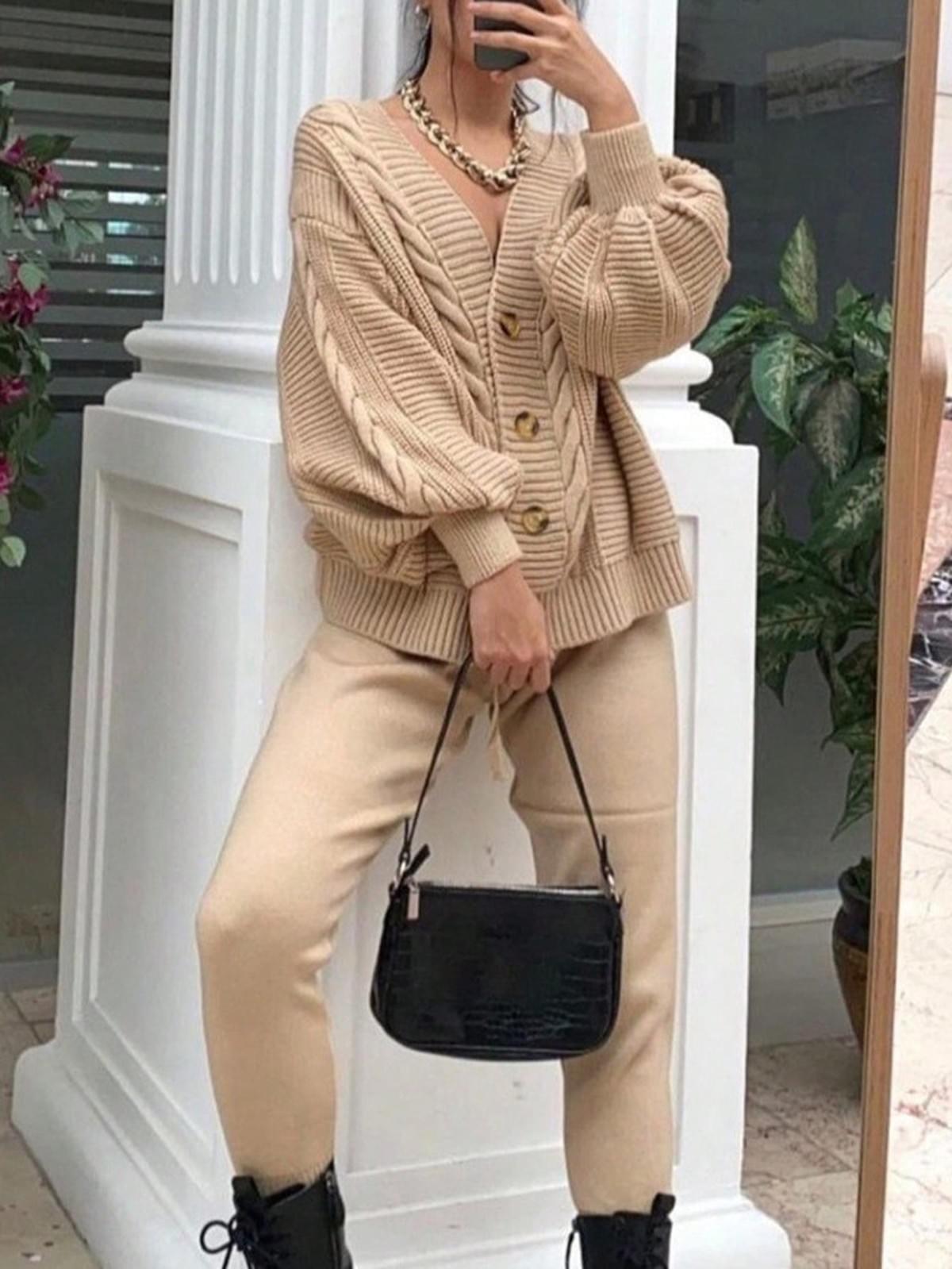 Women's Chunky Knit Button Down Sweater Tops and High Waisted Sweatpants Set (Factory Price)