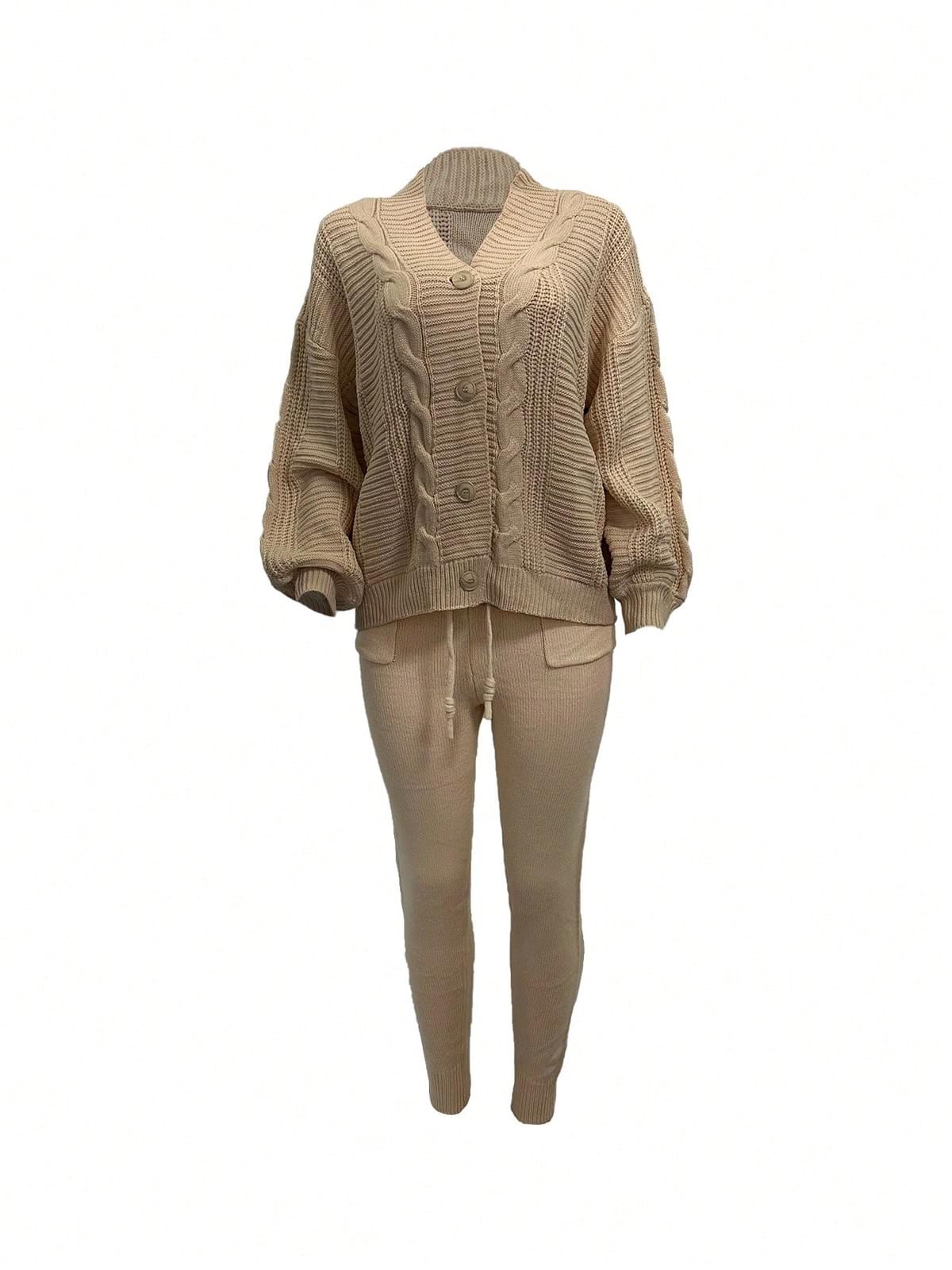Women's Chunky Knit Button Down Sweater Tops and High Waisted Sweatpants Set (Factory Price)