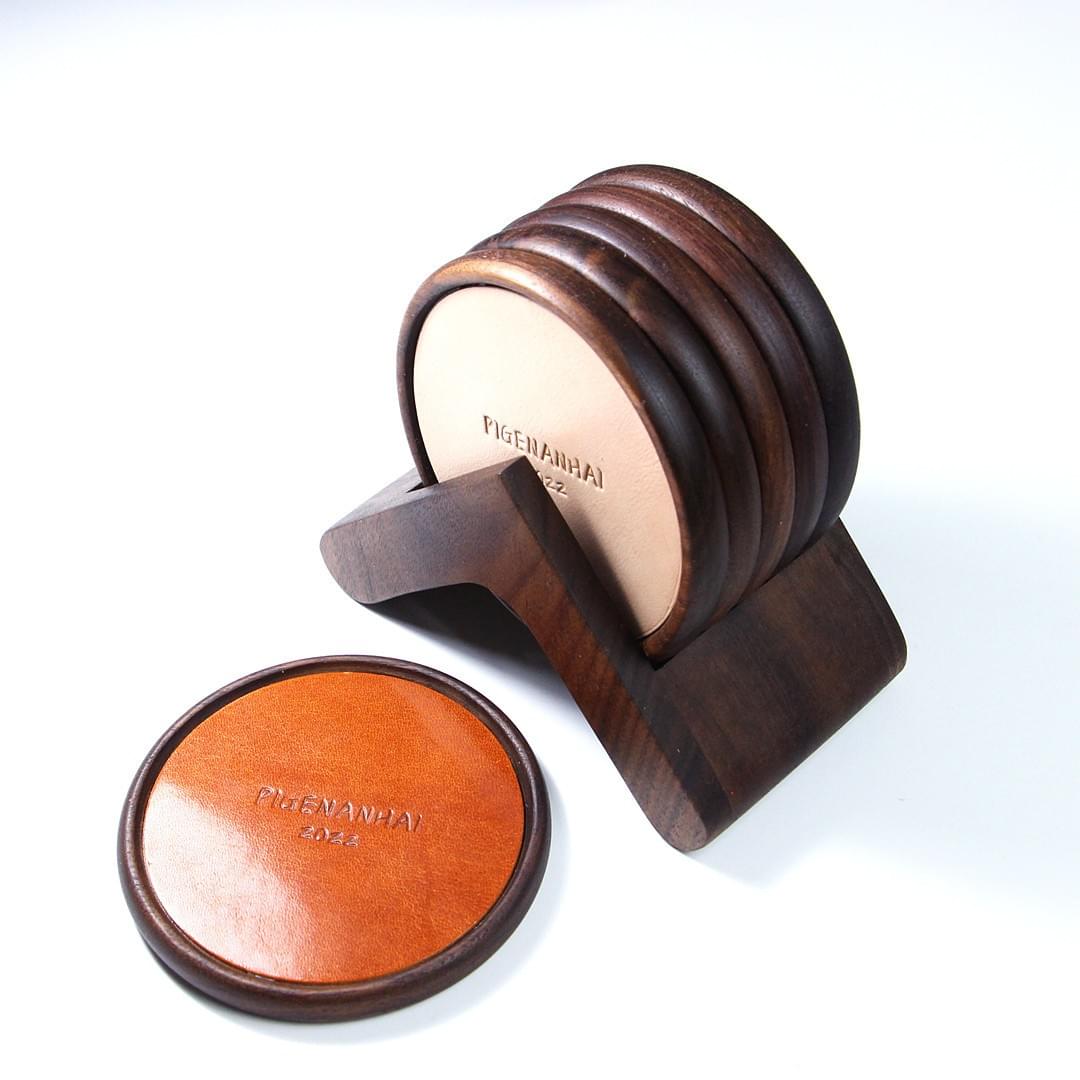 Handmade Leather & Wood Coaster | Italian Vegetable Tanned Leather Heat Insulation Pad OEM