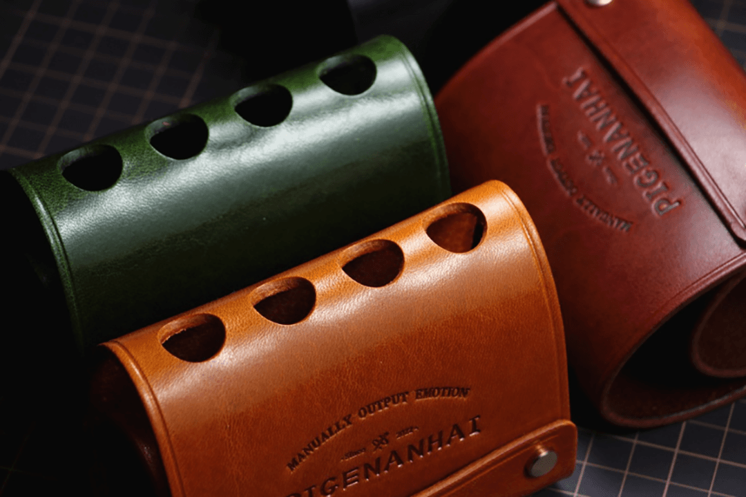 American Handmade Leather Pen Holder | Genuine Cowhide 4-Slot Desk Organizer OEM