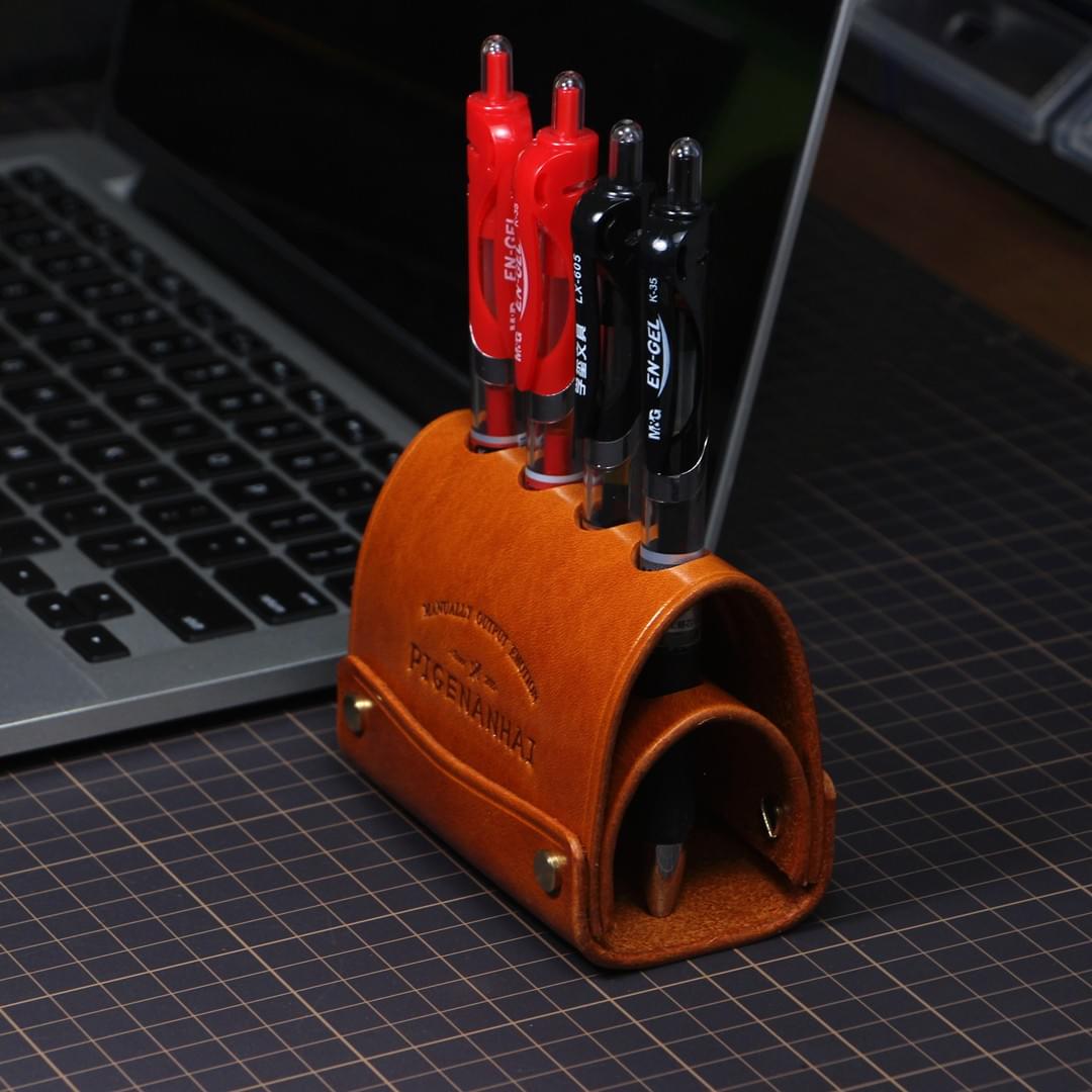 American Handmade Leather Pen Holder | Genuine Cowhide 4-Slot Desk Organizer OEM