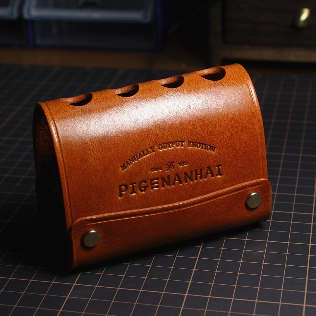 American Handmade Leather Pen Holder | Genuine Cowhide 4-Slot Desk Organizer OEM