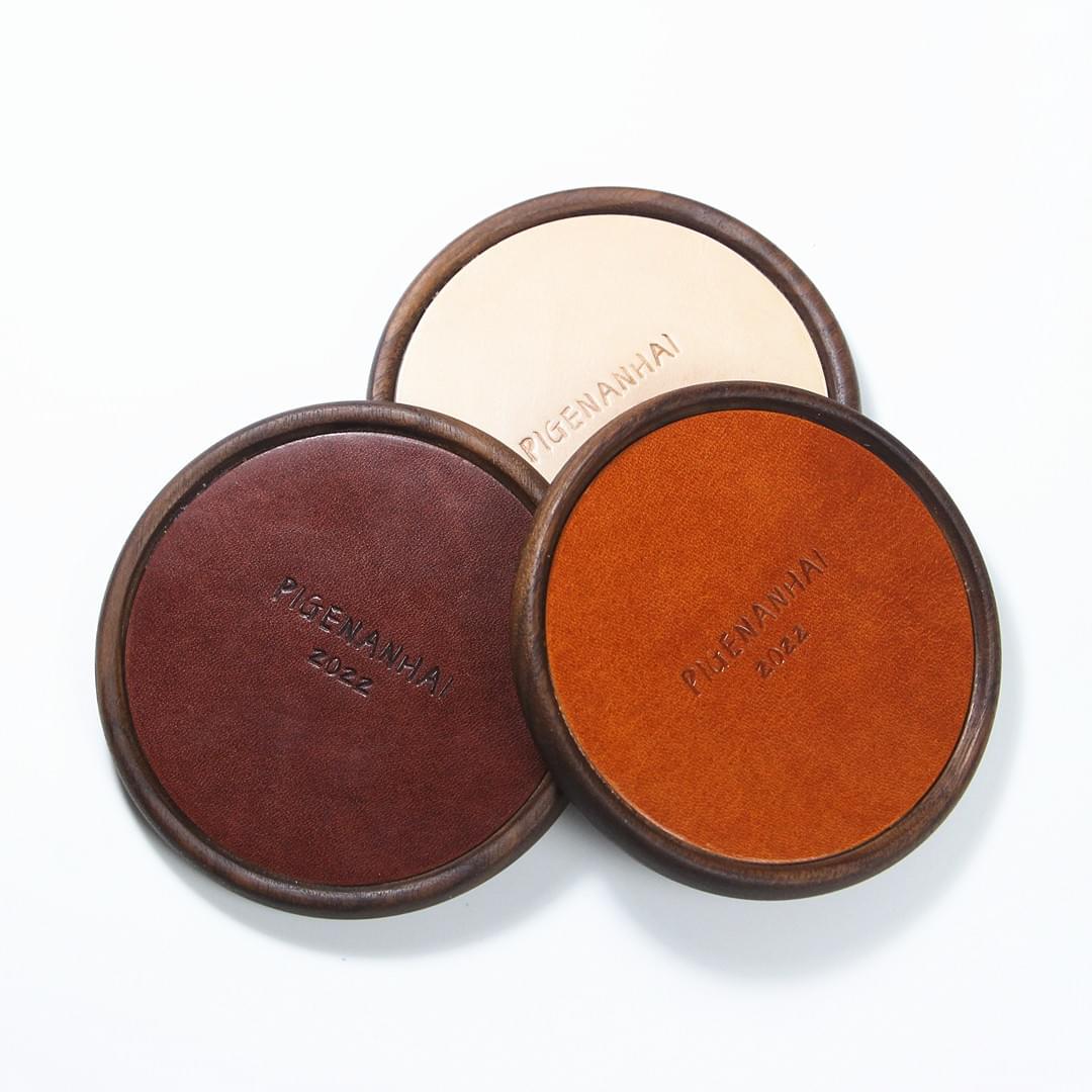 Handmade Leather & Wood Coaster | Italian Vegetable Tanned Leather Heat Insulation Pad OEM