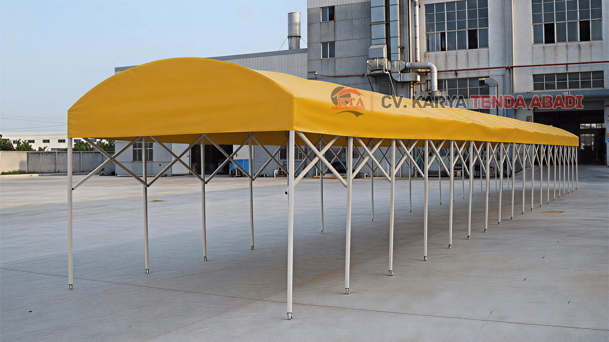 tampak atas samping tenda sliding gudang custom ukuran, struktur rangka galvanis dengan penutup PVC premium, sistem sliding fleksibel untuk buka tutup area industri dan parkir