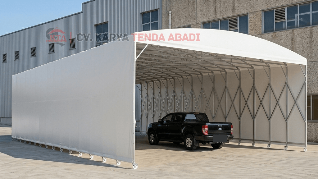 tenda sliding di kawasan industri dengan lantai beton, tanpa garis parkir, desain rapi dan modern, cocok untuk gudang, workshop, dan area produksi