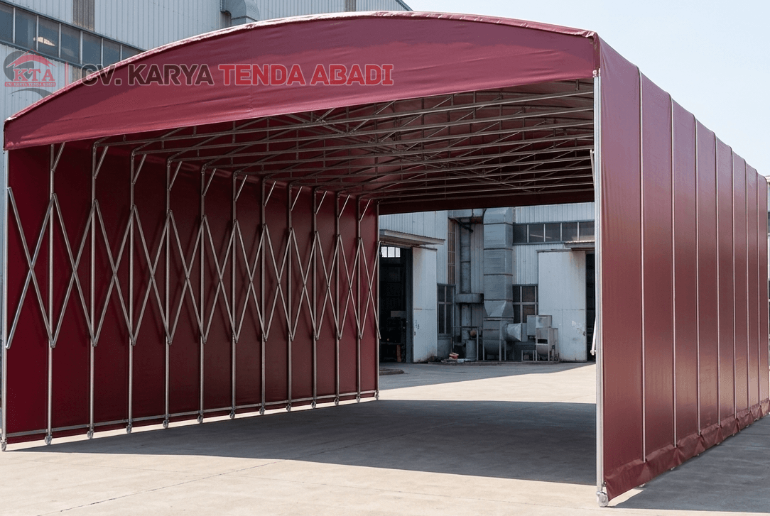 tampak atas samping tenda sliding gudang custom ukuran, struktur rangka galvanis dengan penutup PVC premium, sistem sliding fleksibel untuk buka tutup area industri dan parkir