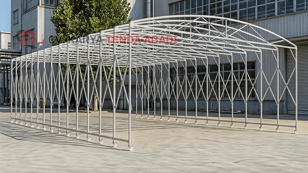 detail bahan tenda sliding PVC waterproof, rangka galvanis anti karat, sistem roda dan rel untuk tenda geser, konstruksi kuat untuk kebutuhan industri dan komersial