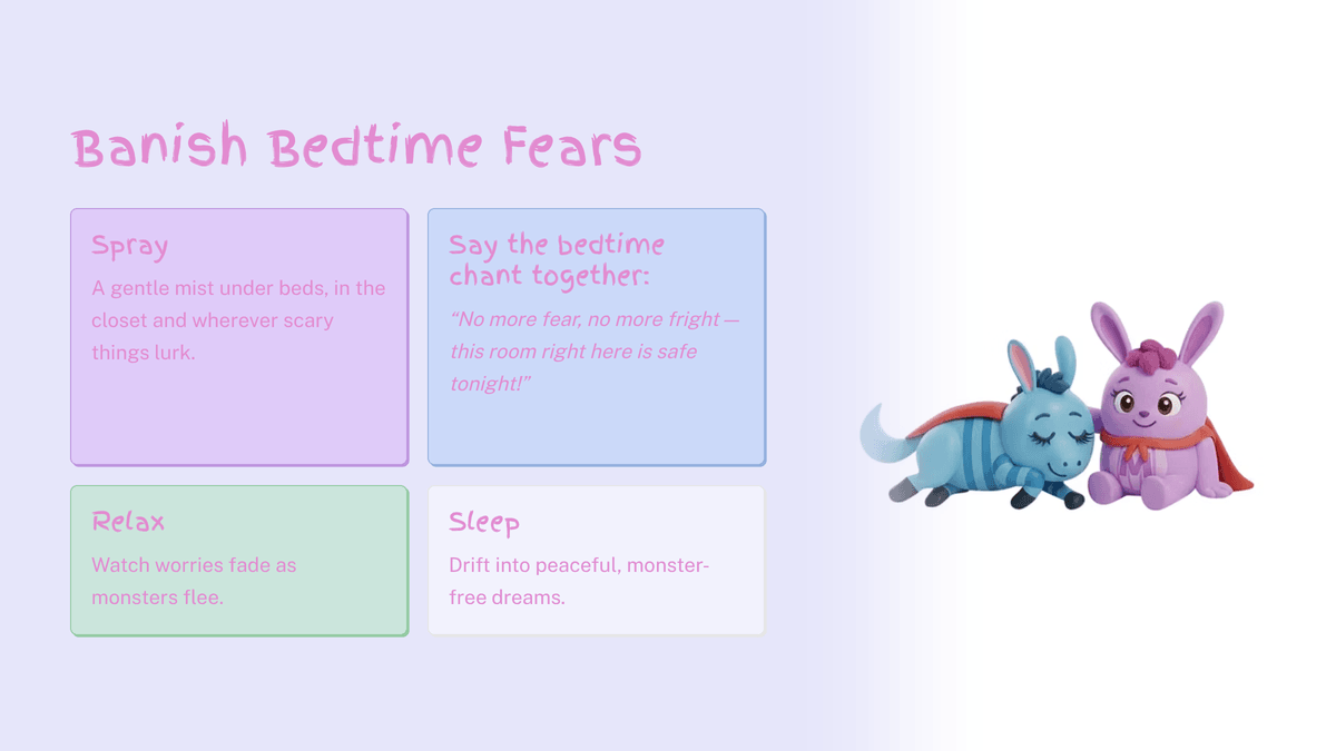 Experience a peaceful night’s sleep with the help of Pasketti & Meatball! Defeat Nighttime Fears with No More Monster Mist A calming nighttime mist that eliminates the monsters under the bed, ghoulies in the closet and ghosts outside the door. Features nighttime superheroes: Pasketti & Meatball. Includes cute song and poem. Pasketti & Meatball merch coming soon!