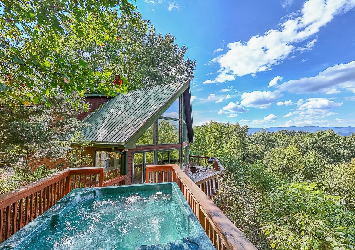 Hot Tub on deck of wnc home with dramatic mountain view
