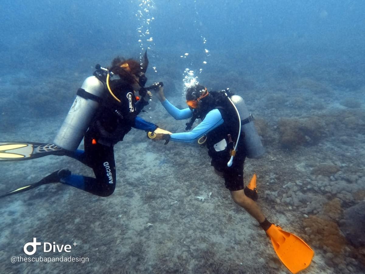Instructeur (moi) accompagnant un élève à descendre avec un bout lors de la plongée 1 de l'Open Water. Nusa Penida.