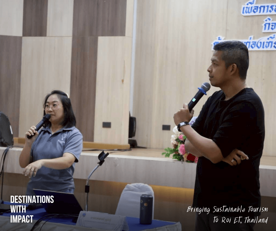 Fine and Good from SiamRise Travel coaching tourism stakeholders during a sustainable tourism workshop in Roi Et, Thailand.