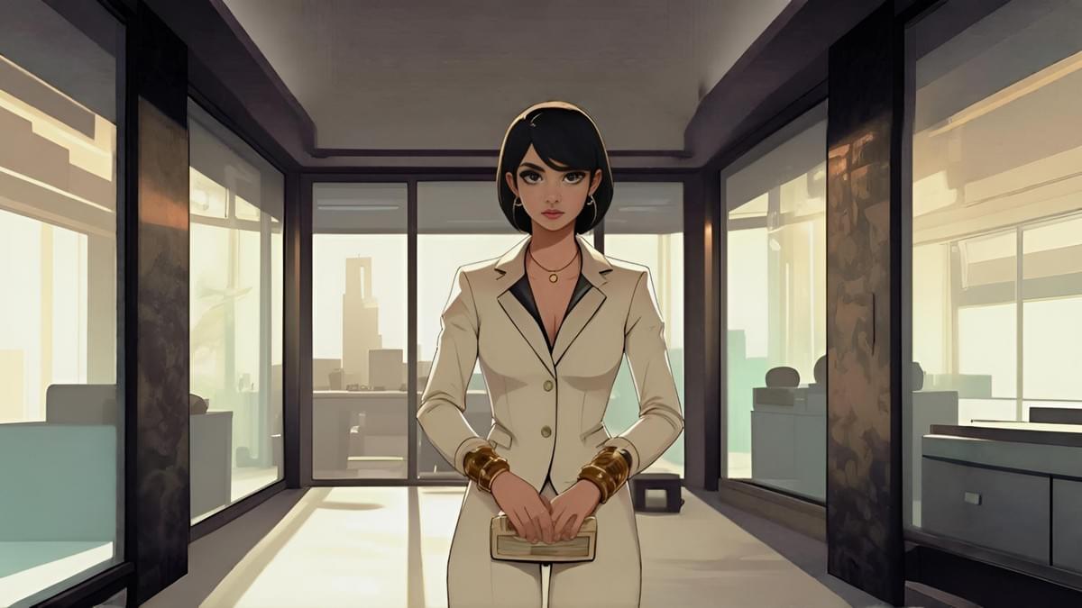 包晴惠穿著結構化純白禮服，站在極簡冷調的頂層公寓中。