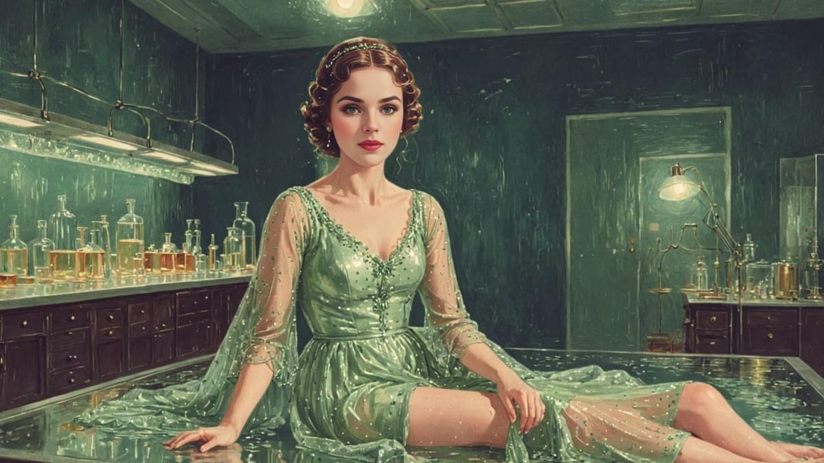 A woman in vein like lace sits on a steel table in a clinical, staged laboratory.