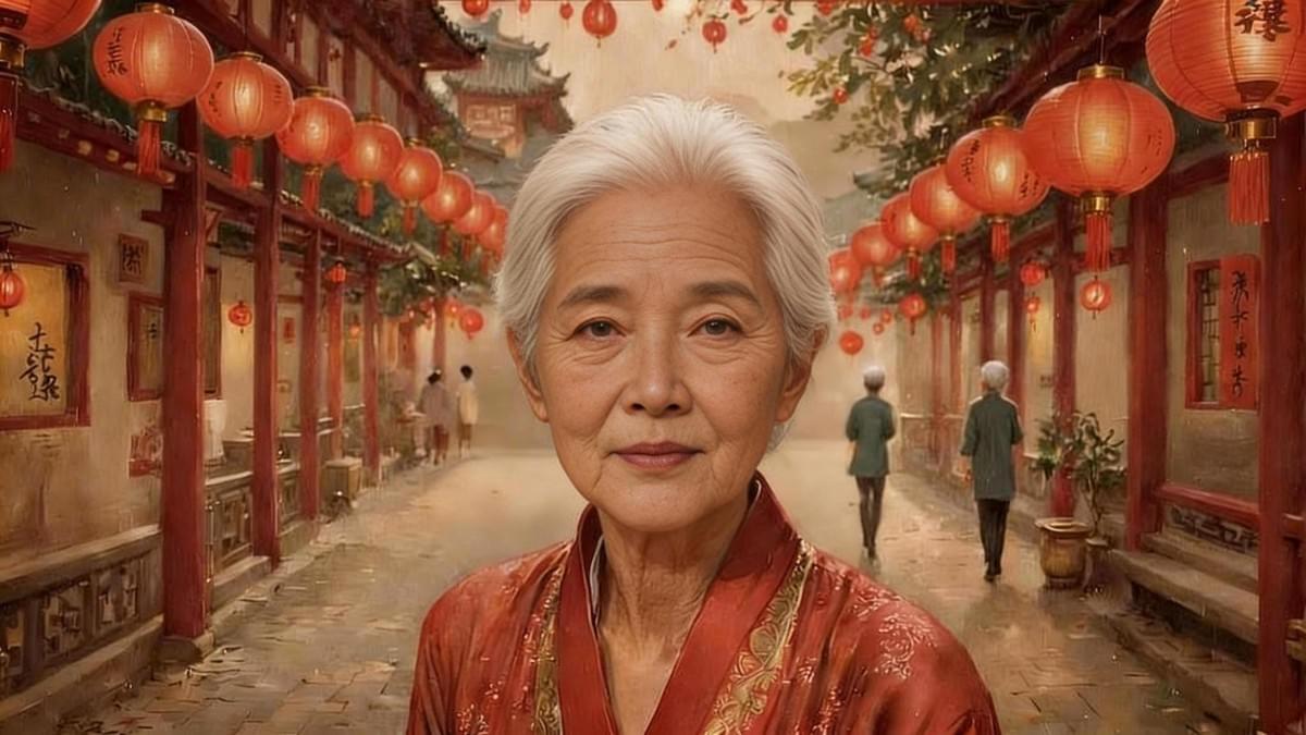 銀髮婦人於紅燈古廊，傳統中國風華美。
