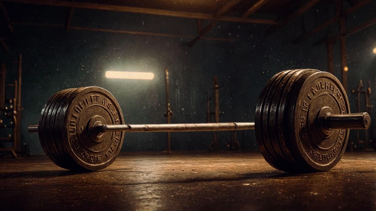 Rustic barbell with cast iron plates on a bar in dimly lit gym, fluorescent glow and wooden beams—symbolizing raw strength and endurance training. 