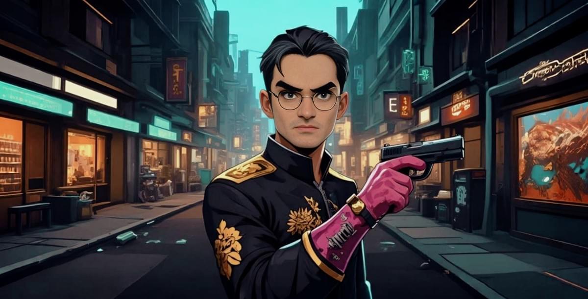 一位英俊男子身穿華麗黑色軍裝外套，飾以金色花紋與粉紅臂章，戴著眼鏡、手套持槍，眼神銳利凝視前方，周圍霓虹招牌與東方元素營造未來都市氛圍。
