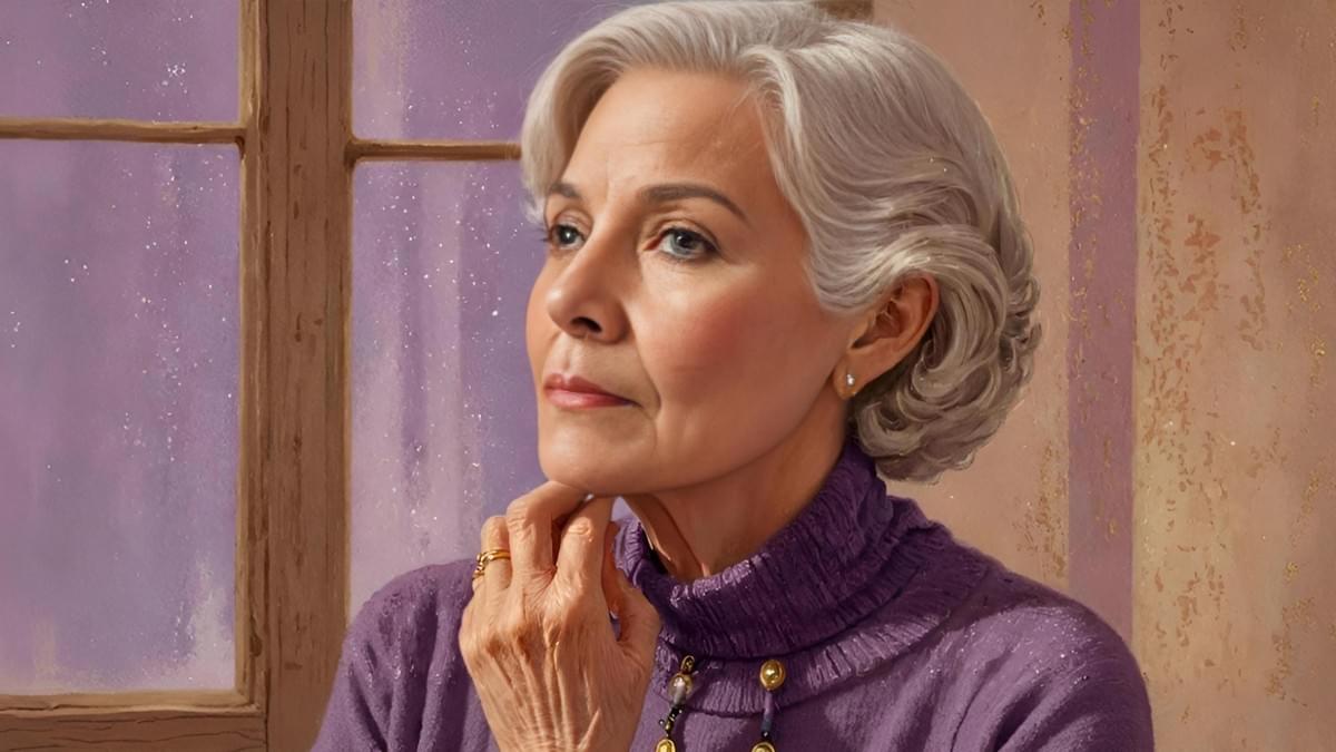 紫色毛衣領口起毛球與輕觸頸部的手