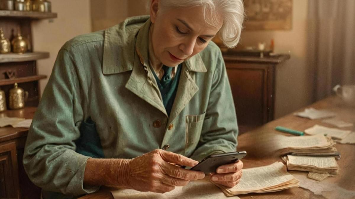 老太太坐在木桌旁，一手拿著智慧型手機、一手握筆，桌上散放著紙張與書頁，室內光線溫暖復古