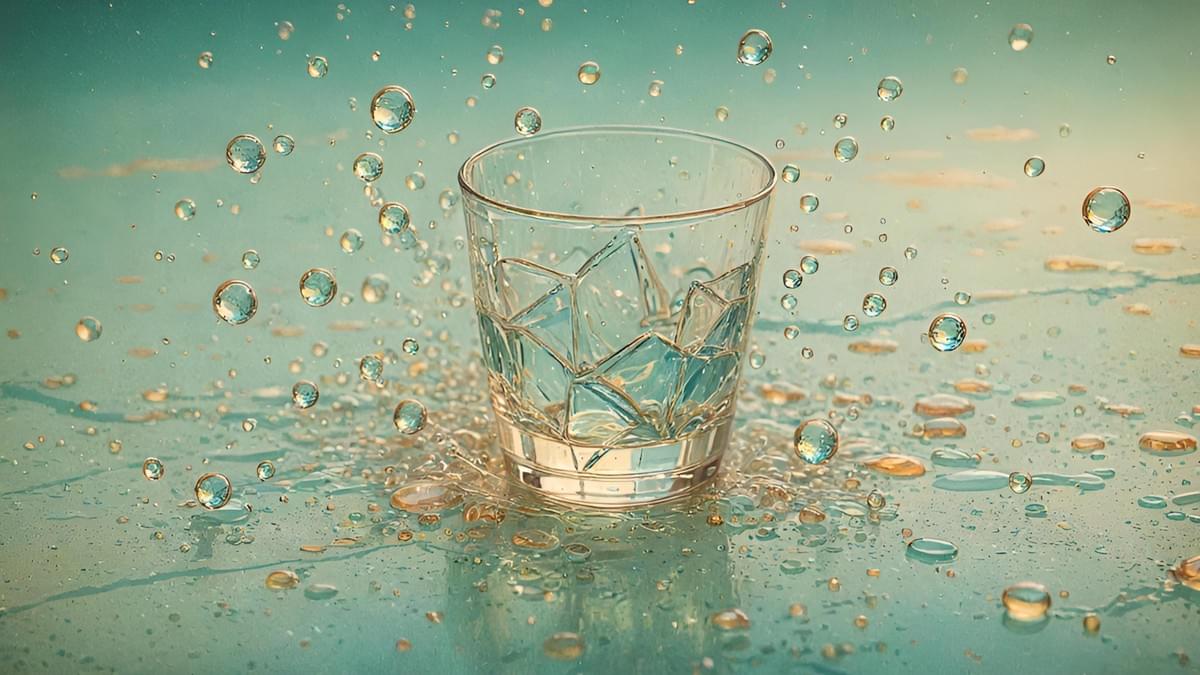 A clear glass shattering on concrete with water frozen mid-air.
