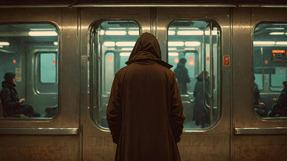 Silhouette in a trench coat standing before an empty subway car door.
