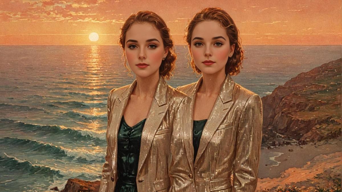 A woman in a sharp-shouldered suit woven with iridescent threads stands on a cliff above a digital ocean.