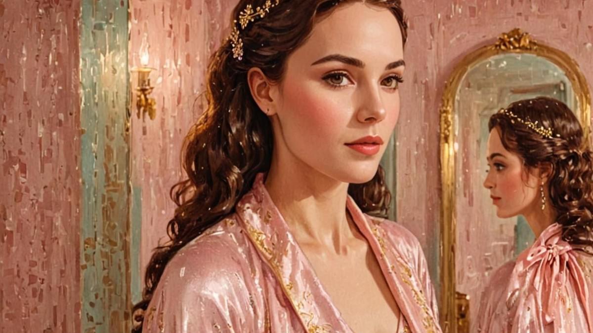 女子站在暗室鏡子前，穿著科技感西裝與舊運動服，鏡中反射出她堅毅的臉龐