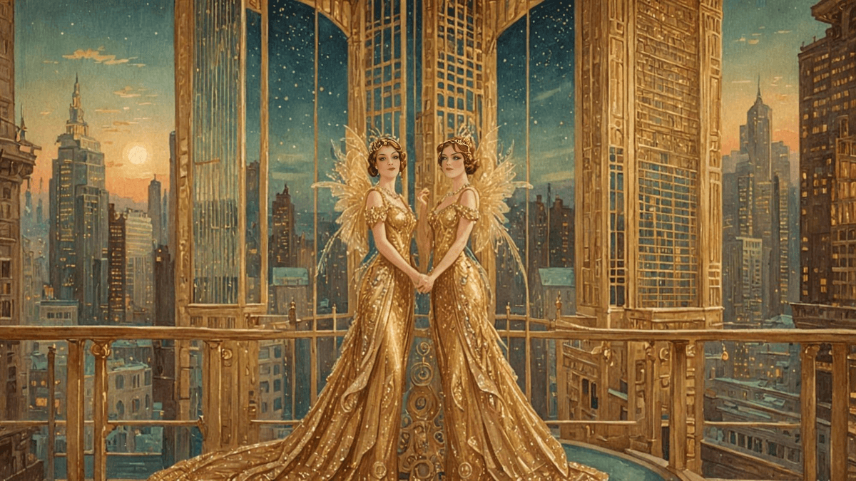 Two women in matching gold winged gowns hold hands on an ornate balcony overlooking a glowing city skyline at dusk.