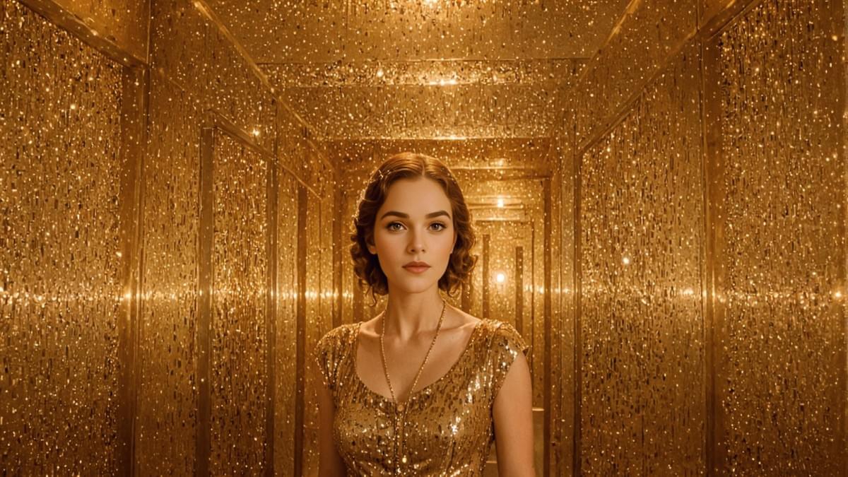 women in a glowing white suit walks toward a horizon of light, leaving darkness behind.