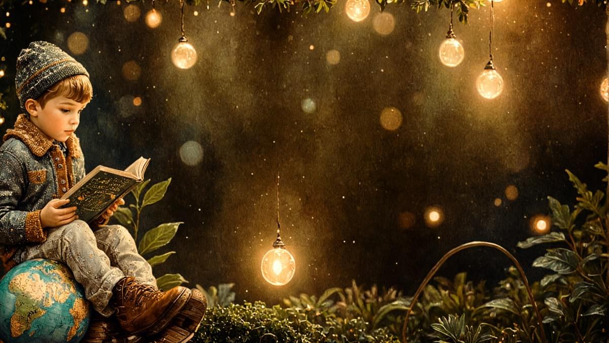 Cozy boy in knit hat reads book on globe amid twinkling warm lanterns, lush plants, and magical dark bokeh—evoking wonder of discovery.