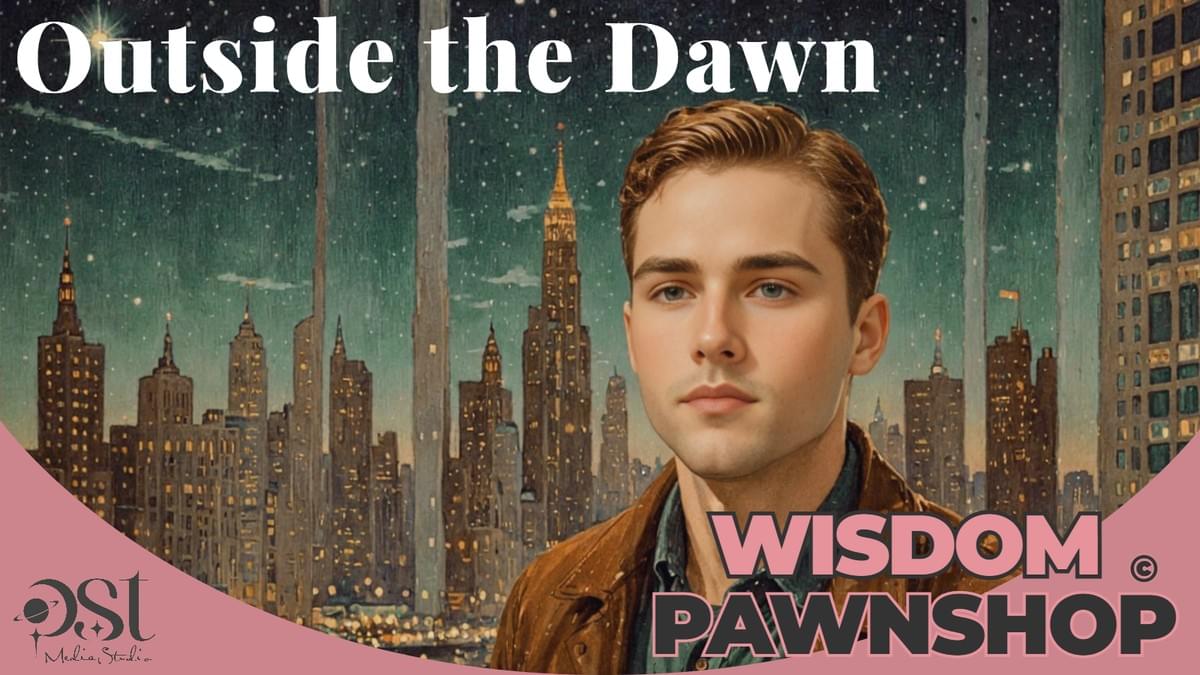 Young man in velvet jacket gazes at starry night skyline with Empire State Building, ethereal towers—blending urban wonder and cosmic dreams.