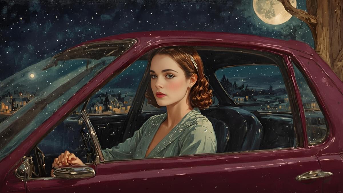 駕駛座上的中性女子側面剪影，穿著絲綢襯衫，窗外是疾馳過後的城市燈火流光