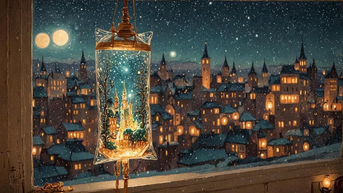 飄雪的冬日夜景窗前，掛著一個透明點滴袋，袋內裝著一座微縮的發光城堡模型，畫面溫馨奇幻。