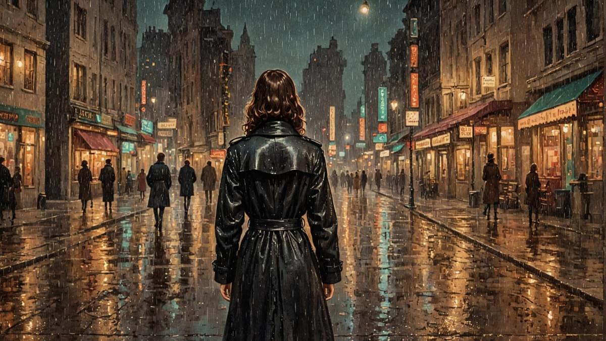 雨夜的台北街頭，穿著灰色風衣的女子背影正走向遠處閃爍的紅色霓虹招牌