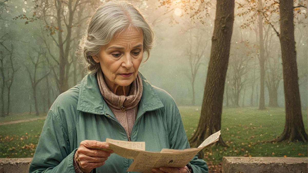 穿著灰色風衣的女性站在霧中，手握皺收據