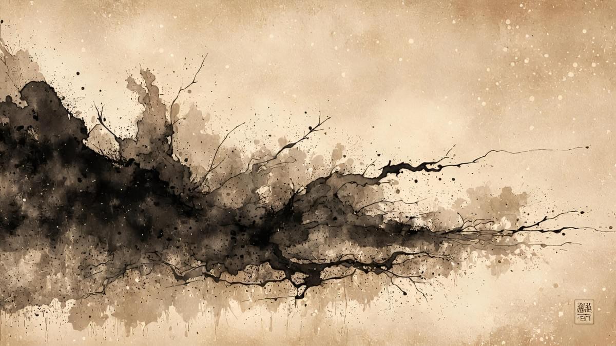 Black ink bleeding into raw, textured Xuan paper.