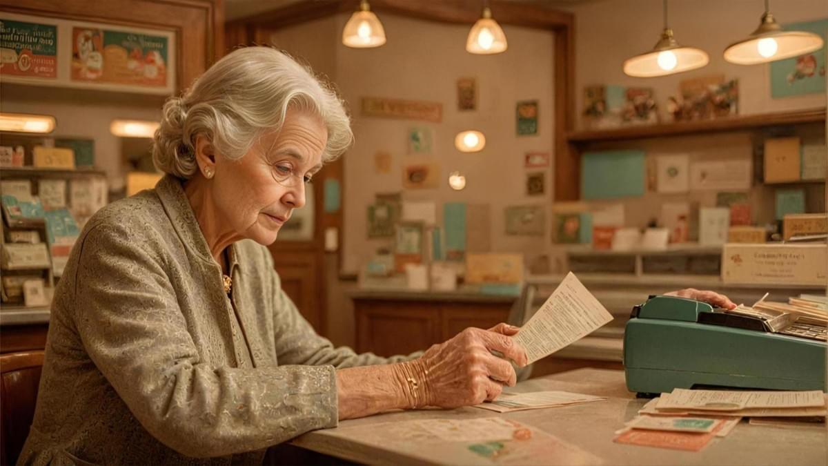 銀髮年長女子坐在溫暖燈光照亮的店鋪櫃台後，一手拿著單據、一手整理桌上散落的紙張與收據，旁邊放著一台綠色老式收銀機。