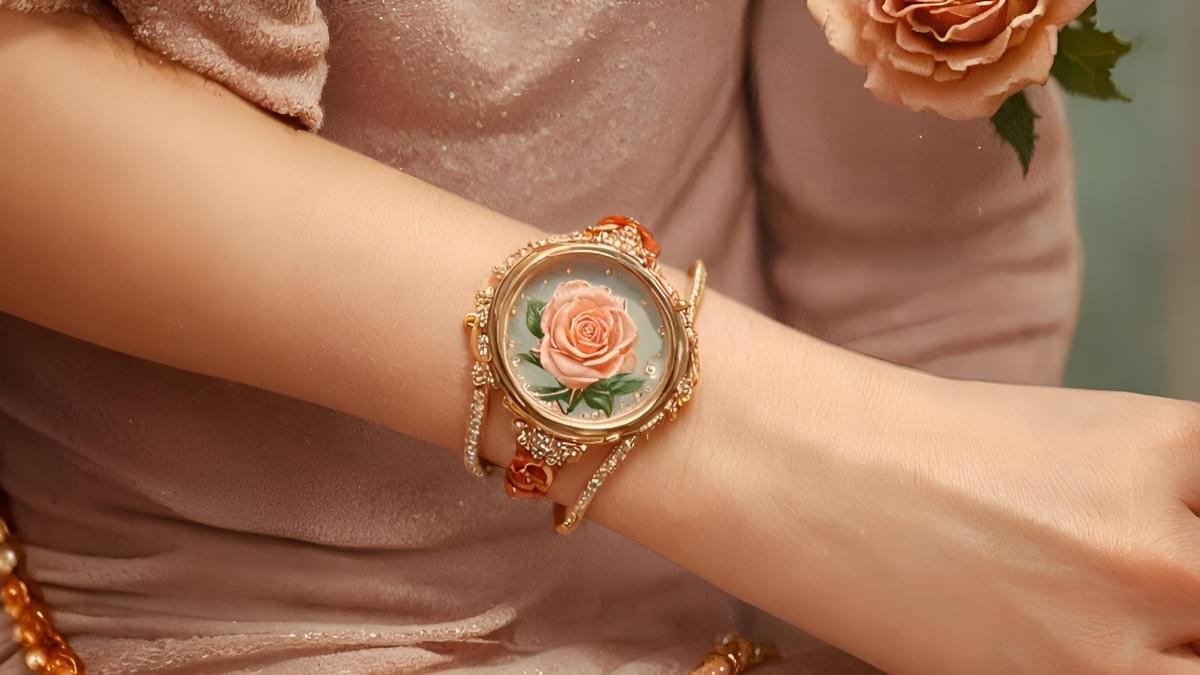 Close-up of a Tudor rose tattoo on a wrist with golden sweat beads.