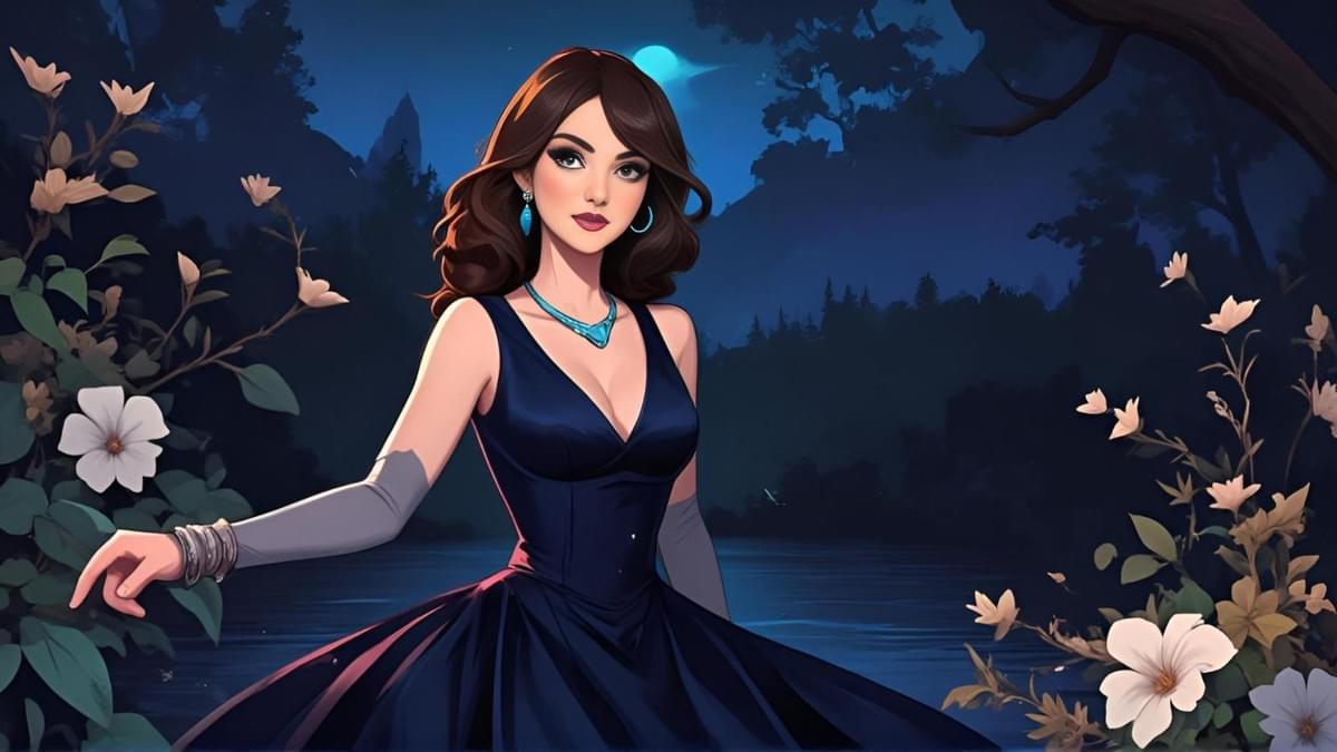 月下湖畔，優雅女子穿深藍晚禮服，戴藍寶石項鍊，長捲髮飄逸，周圍山茶花綻放。