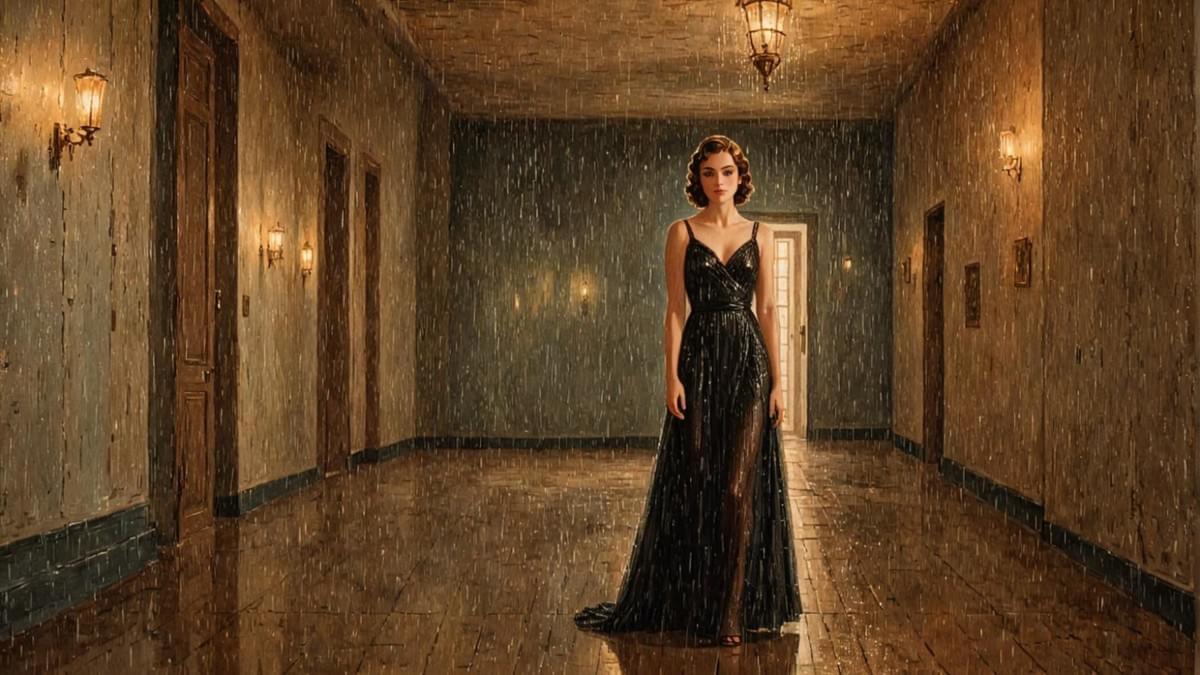 A woman in a sheer silk gown stands in a brutalist hall, her shadow stretched and distorted under harsh light.