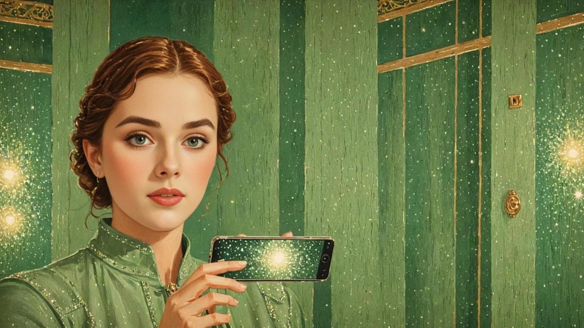  Close‑up of a hand holding aglowing glass tablet, with a blurred female face in the background like a note on a glass wall.