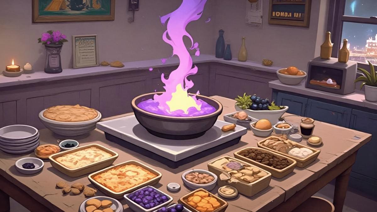 廚房木桌上，紫色魔法火焰從大鍋竄出，周圍擺滿派、堅果、水果盤，古樸室內點綴蠟燭與植物。