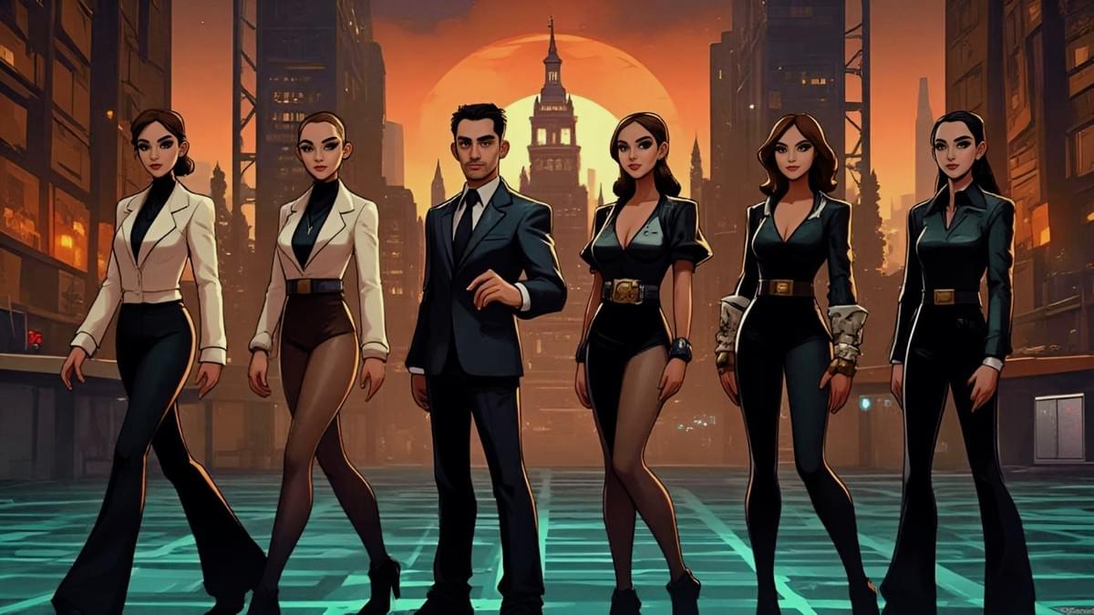 五位美女與一位帥氣男士身穿時尚西裝，立於賽博龐克城市街道。夕陽西下，高樓林立，霓虹燈光閃爍，他們自信前行，展現未來都市魅力。