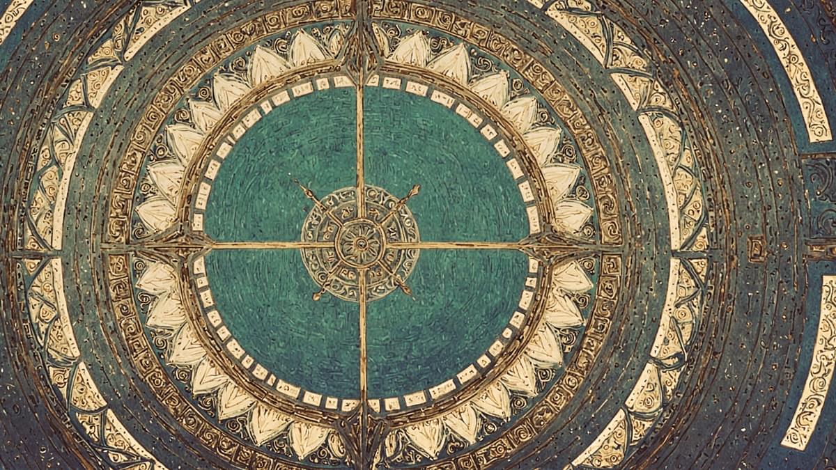 Ancient Roman mosaic ceiling: green disc with cross, geometric motifs, gold-white borders, blue-green rays—Baroque splendor in classical domes.