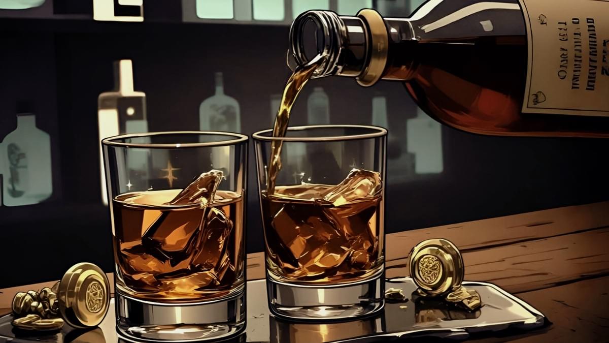 威士忌注入黑色矽膠模具的特寫，液體呈現金黃與曜石般的質感。
