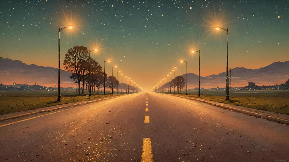 Empty asphalt road at midnight with blinking yellow hazard lights.